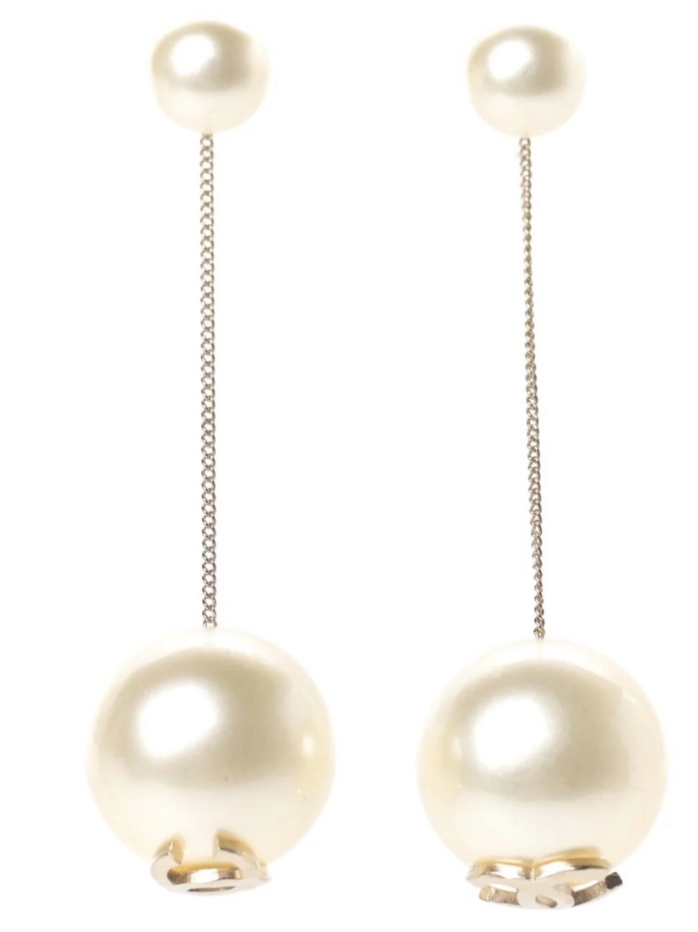 Chanel Iconic Large CC Logo Cream Fantasy Pearl Gold Chain Drop Earrings